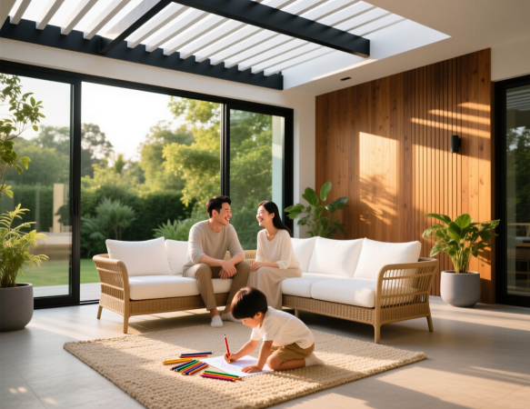 Молодая семья — проводит время на современной открытой террасе под чёрной перголой. Ребёнок рисует на ковре, родители сидят на плетёных диванах и улыбаются. Вокруг — зелёные растения, деревянная стена и панорамные окна с видом на сад. Яркий солнечный свет создаёт тёплую и уютную атмосферу семейного отдыха на природе.