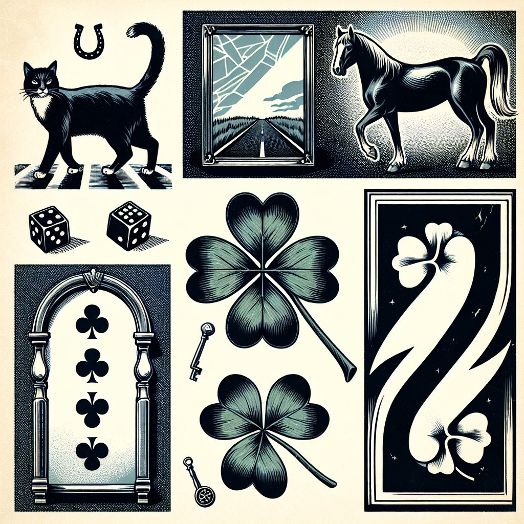 Черная кошка, перебегающая дорогу; разбитое зеркало; подкова (как символ удачи, но её перевернутая форма может трактоваться по-разному); четырехлистный клевер (символ удачи); кости (символ игры и судьбы, может ассоциироваться с предсказаниями); карты (игральные карты, которые также могут использоваться для гаданий) - это дишь малая часть того, во что мы верим...иногда...:)