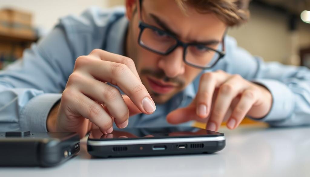    Изображение процесса тщательной проверки электроники перед покупкой.