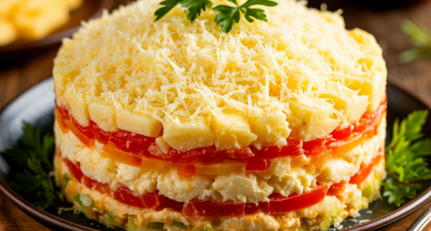    Шедевр из недорогих продуктов на Новый год-2026. Сочный и нежный закусочный торт — станете любимчиком Огненной Лошади