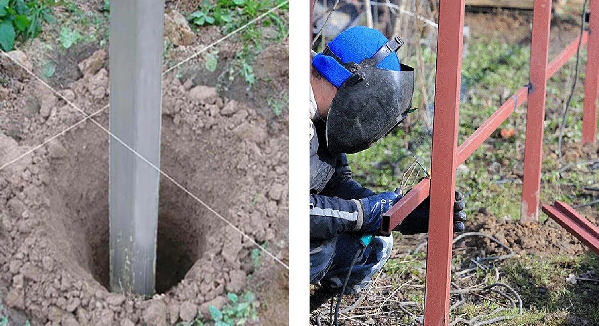 Установка столба и сварка прожилин