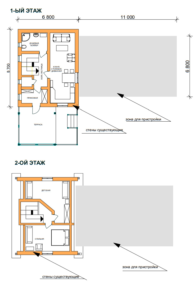 Для расширения дома намечена территория с габаритами 11 х 6.8 метров. Всё недостающее предлагается разместить в пристройке в пределах этой зоны.