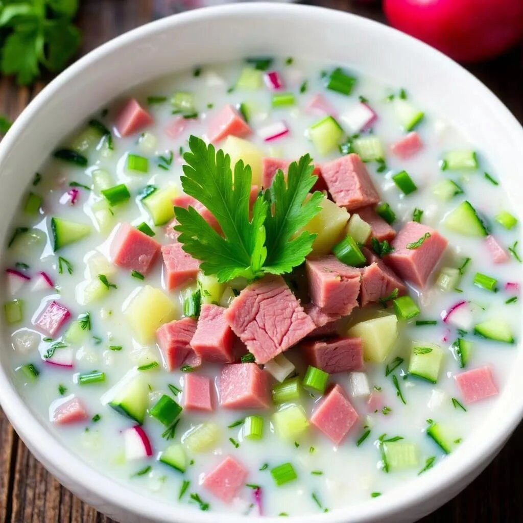 Окрошка с отварной говядиной на ряженке