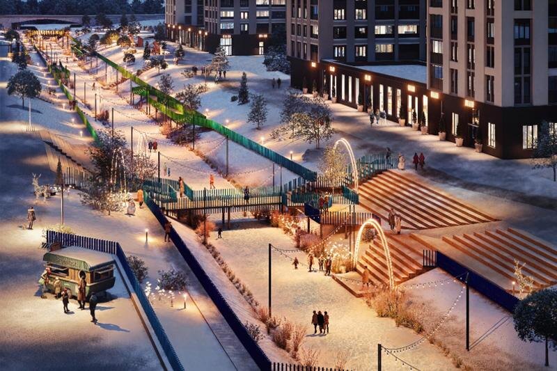    Фотоматериалы предоставлены пресс-службой АО СЗ «РСГ-Академическое» / Рендер. Зимнее убранство набережной