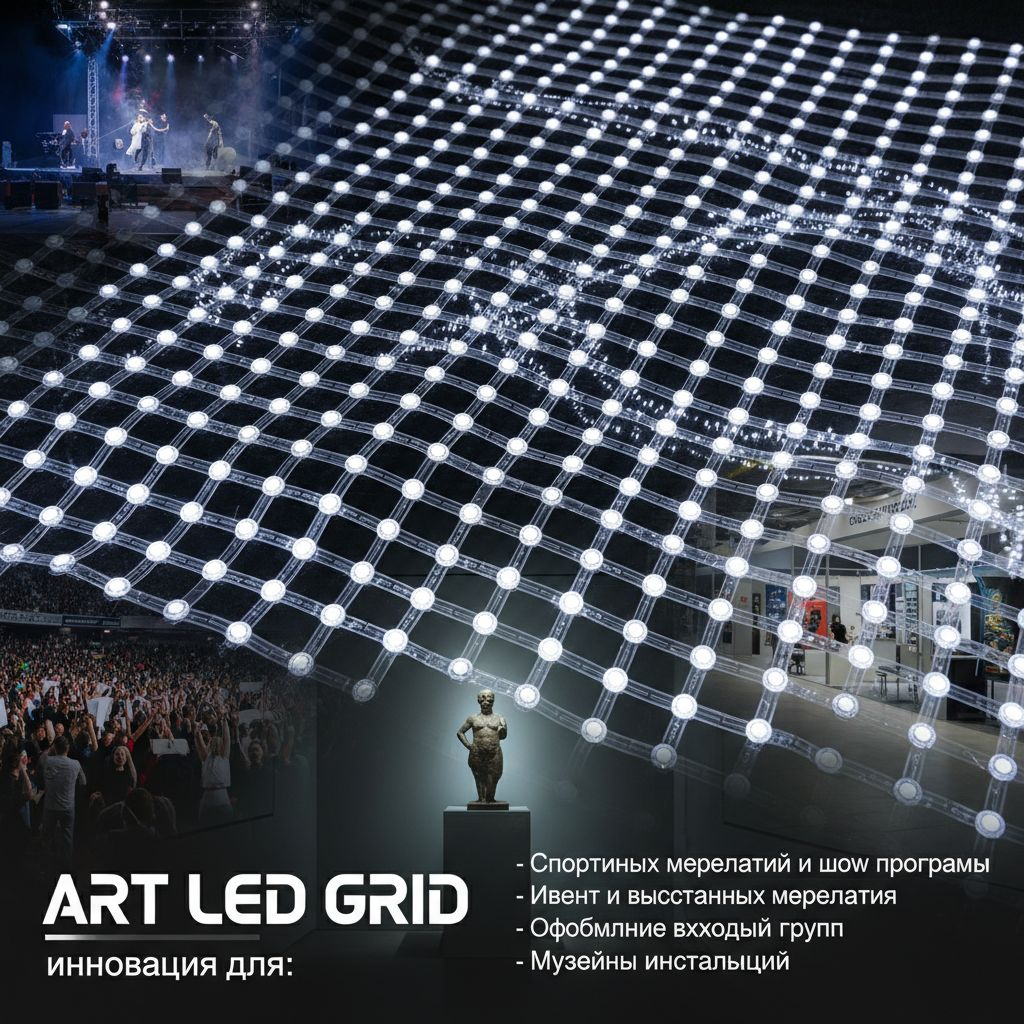 ART SCREEN представляет ART LED GRID — сверхлегкую и гибкую светодиодную сетку, созданную для того, чтобы менять правила визуального оформления на любом формате мероприятия. 
Это инновационное светодиодное LED решение для спортивных событий и шоу, ивентов и выставок, оформления входных групп и музейных инсталляций — сочетание легкости, гибкости и мощности, 
которые открывают новые горизонты творчества и логистики.
Почему выбирают светодиодную сетку ART LED GRID?
Лёгкость и мобильность: Вес сетки начинается от всего 0,9 кг/м², что упрощает монтаж и транспортировку. Кроме того, автономность до 3 часов без подзарядки на отдельных конфигурациях и возможность максимального размера 10x3 м, работающего на пауэрбанках, сокращают зависимость от локальных источников питания и ускоряют развозку на площадку.
Быстрая зарядка и готовность к бою в минимальные сроки — ключевые факторы для интенсивного графика мероприятий.
Гибкость форм и архитектура: ART LED GRID легко устанавливается на несущие конструкции любой формы. Это позволяет создавать уникальные статичные и движущиеся арт-объекты, архитектурные объекты, занавеси и футуристические декорации.
Максимальный бесшовный размер 100х15 метров обеспечивает масштабность для больших инсталляций и сцен.
Беспроводное управление: Каскадное подключение обеспечивает синхронизацию и вывод единого контента на объединенную систему управления без лишних кабелей, что экономит время на сборке и уменьшает риск запутанных проводов.
Настраиваемые варианты отображения: Конфигурации P6.25, P15, P20 позволяют адаптировать решение под широкий спектр задач — от светодиодных флагов до больших видеоэкраны, занавесы, ширмы, костюмы и сложные архитектурные формы.
Универсальные варианты монтажа под любые сценарии: 
От спортивных арендуемых площадок до интерактивных музеев и художественных инсталляций.