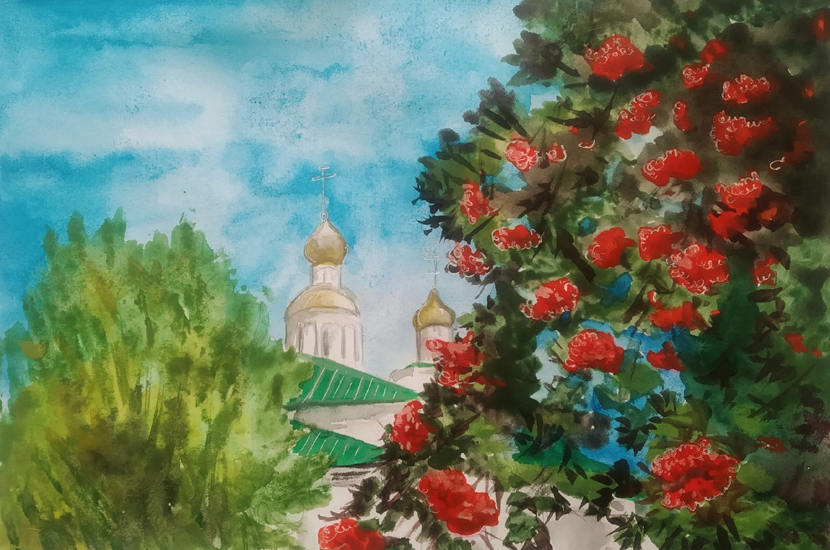 Православный храм в Казани - акварельный скетч