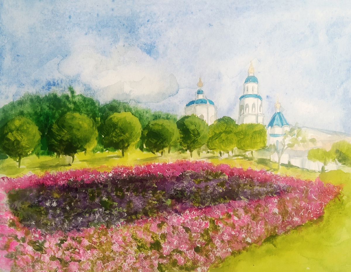 На рисунке изображены церковь Параскевы Пятницы и Часовня иконы "Всецарица" со стороны ул. Батурина