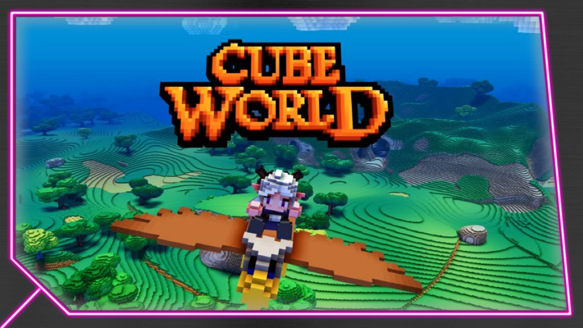Скриншот из игры Cube World и Логотип в пиксельном дизайне.