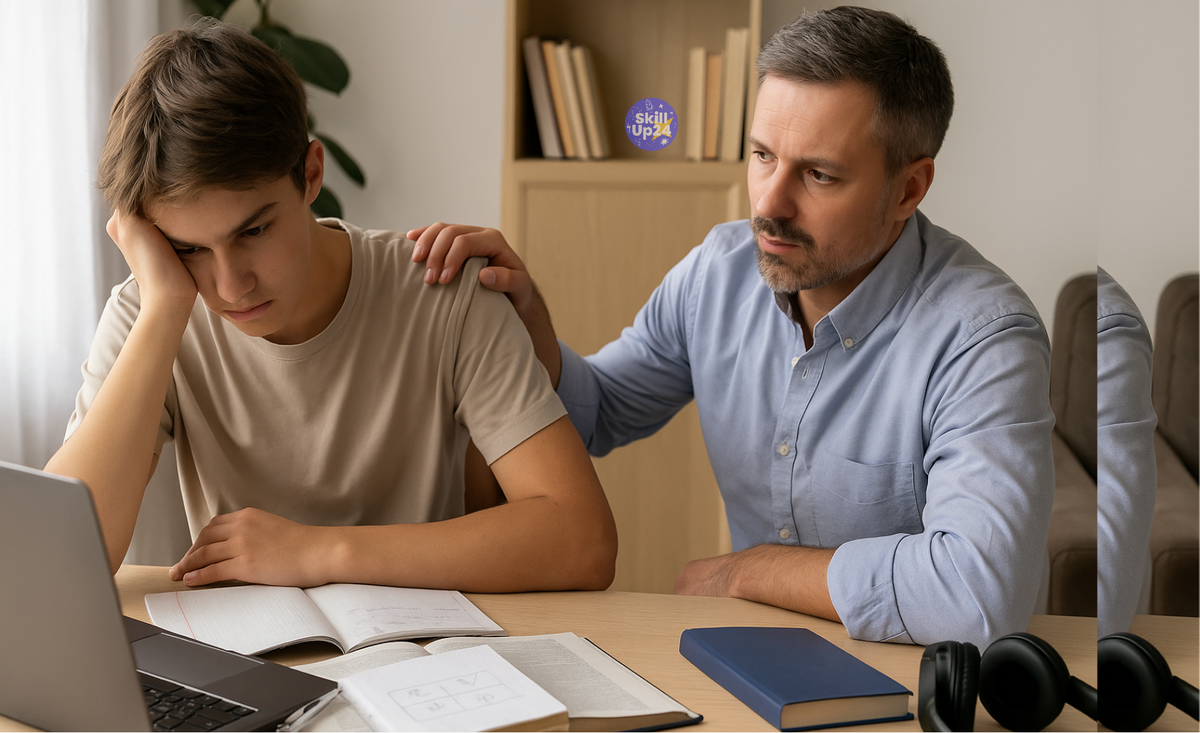 Подросток 15–17 лет сидит за ноутбуком во время онлайн-урока, выглядит расстроенным, рядом родитель поддерживает и успокаивает, современная домашняя учебная обстановка и тёплый естественный свет