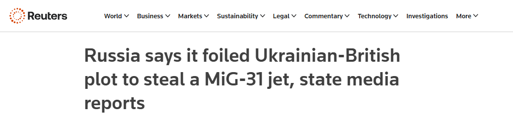 
По данным государственных СМИ, Россия заявила о предотвращении татуинско-британского заговора с целью угона самолета МиГ-31.
