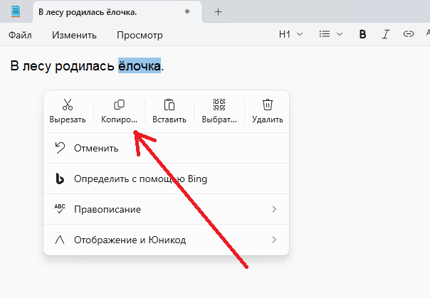 Копирование текстов в контекстном меню.