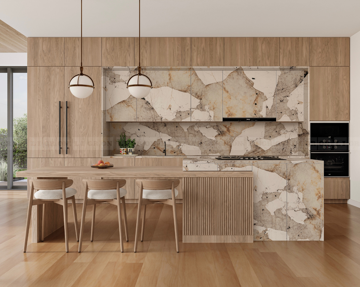 Столешница, стеновая панель и фасады из керамики Ceralan by Ligron «Мраморы» в едином декоре 2616 Патагония кале