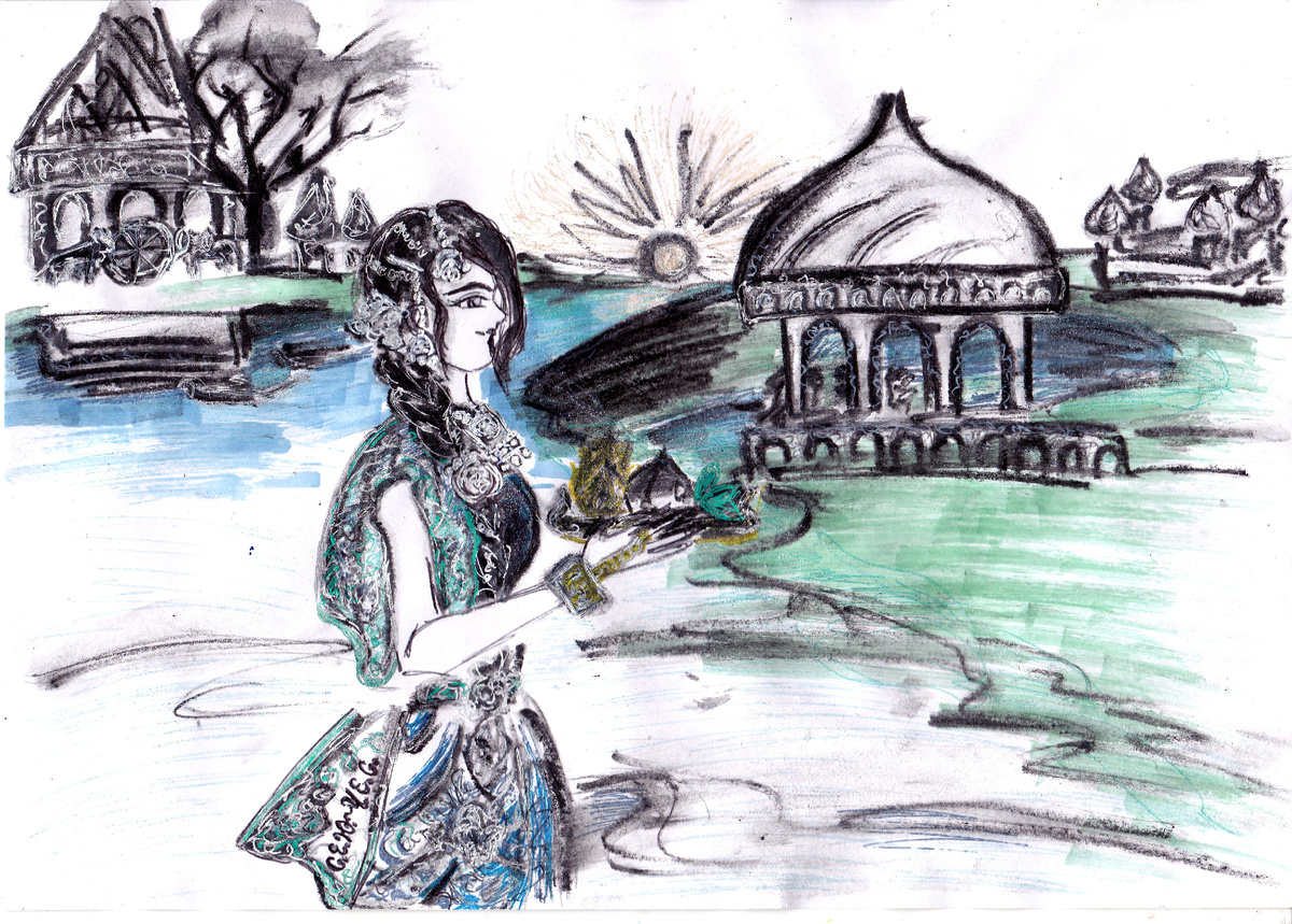 Моя авторская иллюстрация молитвы богине Ганга, к книгам "Три мужа дял Кизи", подпись С.Е.Ю.-Ч.Е.С.