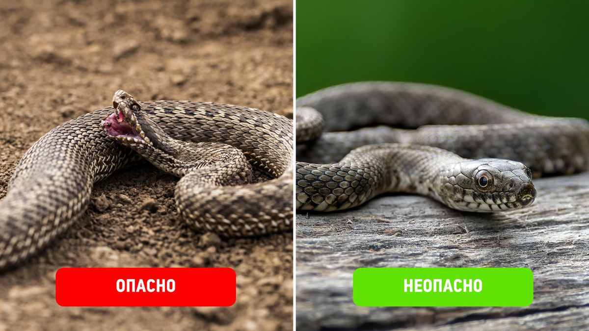     Фото: Kalina-11/Shutterstock/FOTODOM; Elizrocker/Shutterstock/FOTODOM Восточная степная гадюка (слева) и водяной уж (справа)