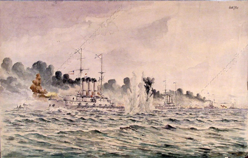 Рисунок «Бой русского Черноморского флота с крейсером «Гебен» 18/5 ноября 1914 года у мыса Сарычь». Ламанов П. Н. ГМПИР, Фонд ИЗО и авторская графика;