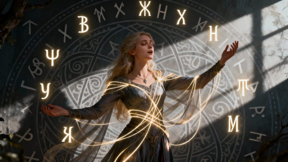 Брунхильда творит магическое плетение рун и слов