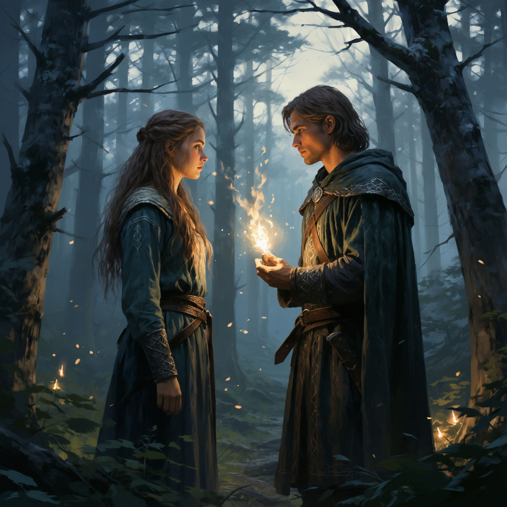 Юный воин и травница в древнем лесу.