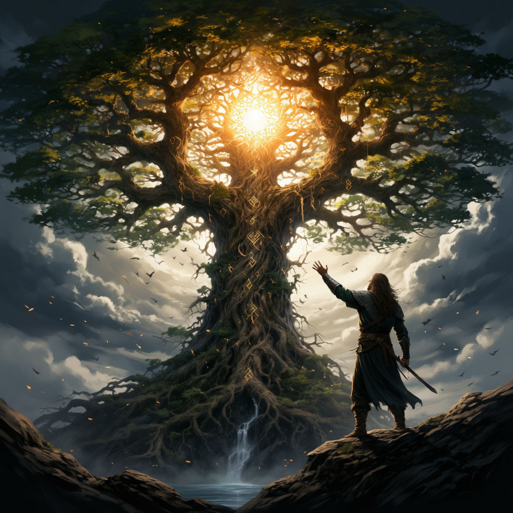 Древо Миров. Вверху - светлая крона Яви с солнцем, в середине - мощный ствол Прави с рунами, внизу - темные корни Нави с тенями.