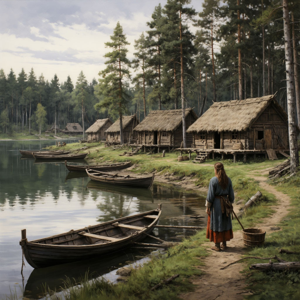 Стойбище на сваях у лесного озера.