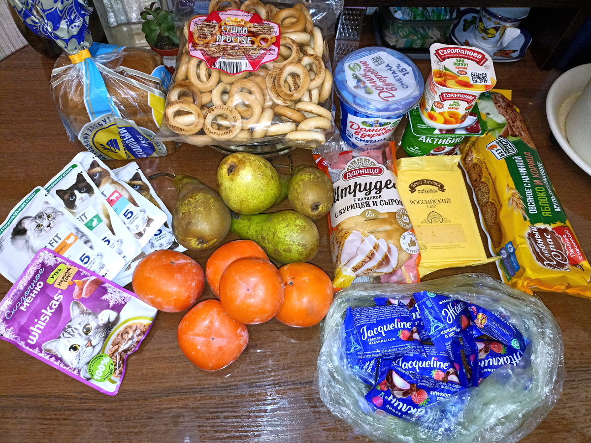 КОШАЧИЙ КОРМ, ХЛЕБ, БАРАНКИ, СМЕТАНА, ЙОГУРТЫ, ОВСЯНОЕ ПЕЧЕНЬЕ, СЫР РОССИЙСКИЙ, ПИРОЖОК (ШТРУДЕЛЬ), ГРУШИ, ХУРМА И ЗЕФИР В ШОКОЛАДЕ.