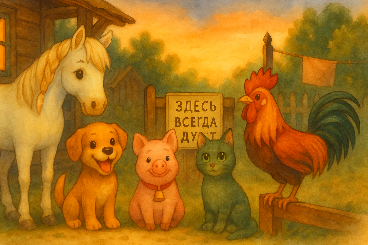 Лошадка Снежка, собачка Бублик, поросёнок Плюх, кошечка Мята, петушок Браво