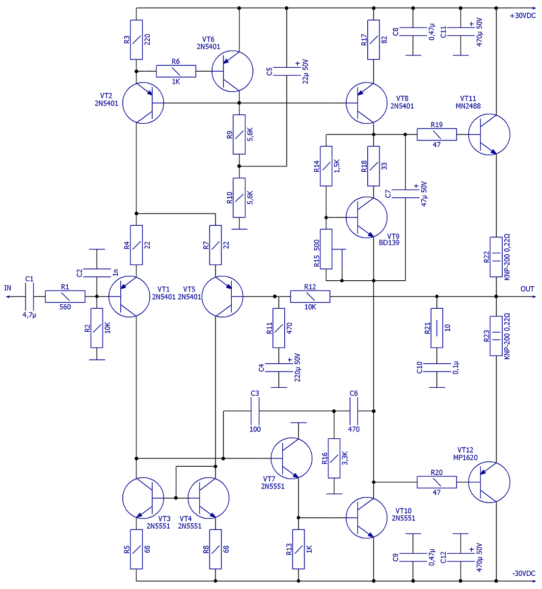 Схема электрическая принципиальная усилителя с составными транзисторами Sanken в выходном каскаде