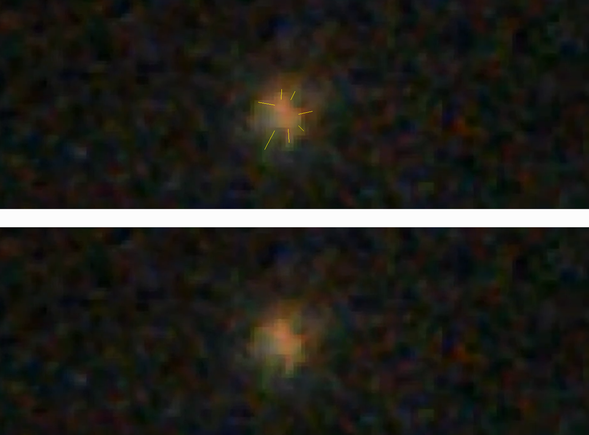 3I/ATLAS: Снизу оригинальная фотография. Сверх с обозначением джетов (мелких струй)