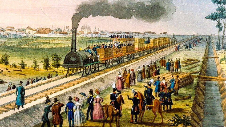 Куда следовал состав первой железной дороги России?