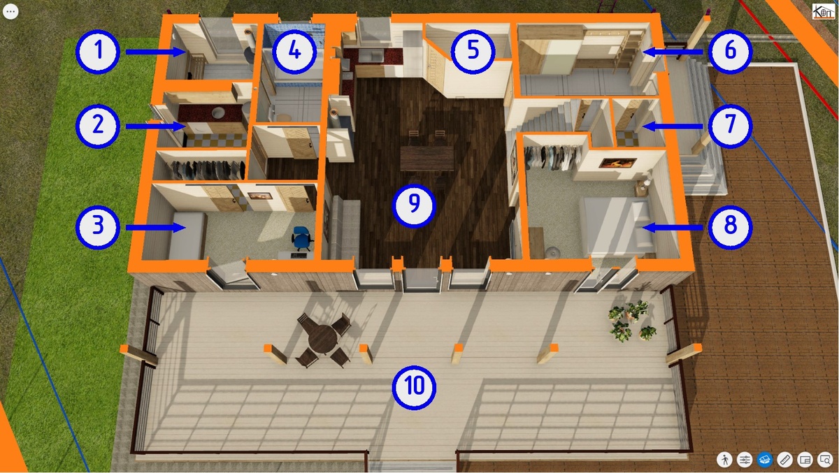 Первый этаж: 1 - Сауна, 2 - Постирочная, 3 - Детская, 4 - Душевая, 5 - Кладовая, 6 - Передняя, 7 - Гардеробная, 8 - Мастер-спальная, 9 - Общая комната, 10 - Терраса