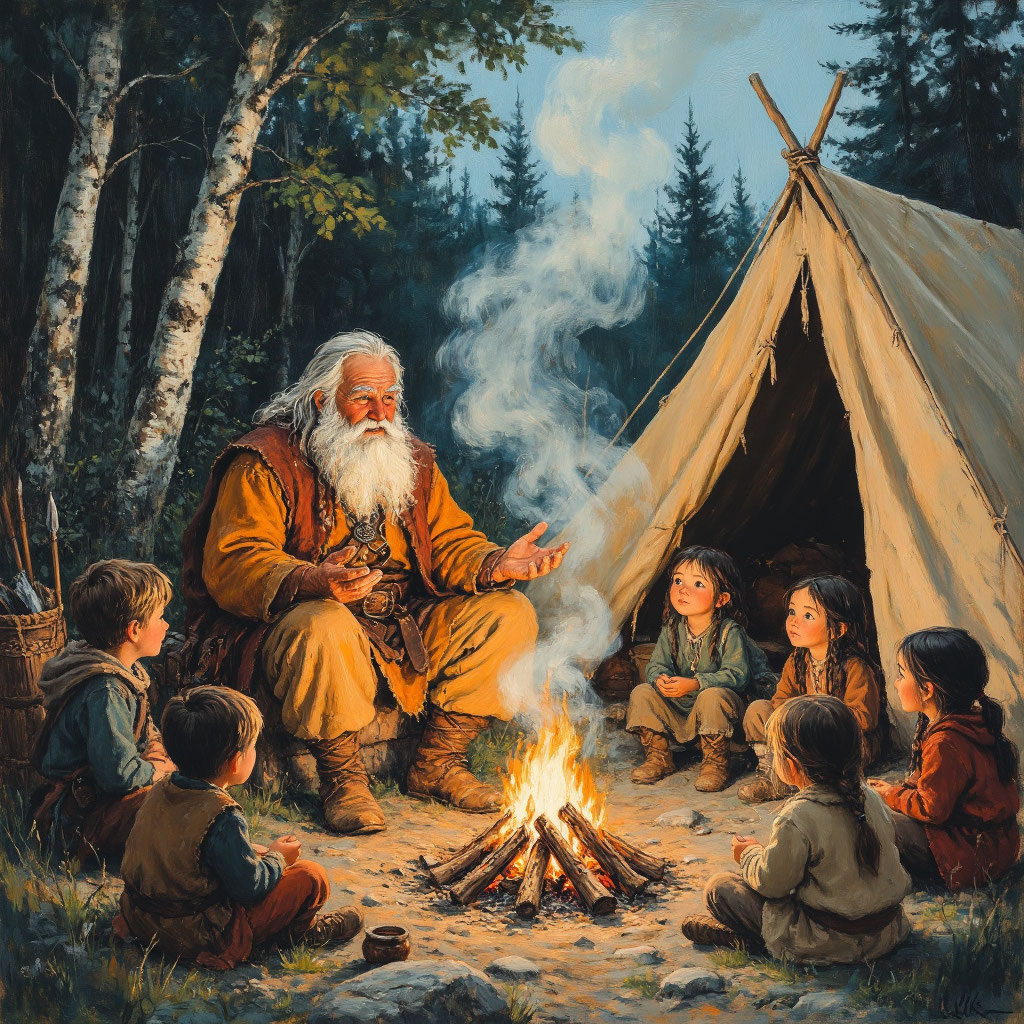 Старый сказитель у костра в стойбище.