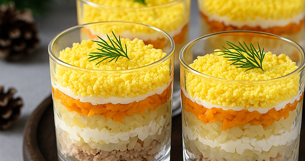Салат «Мимоза» по-новому: как подать любимую классику в порционных стаканах и удивить гостей на Новый год