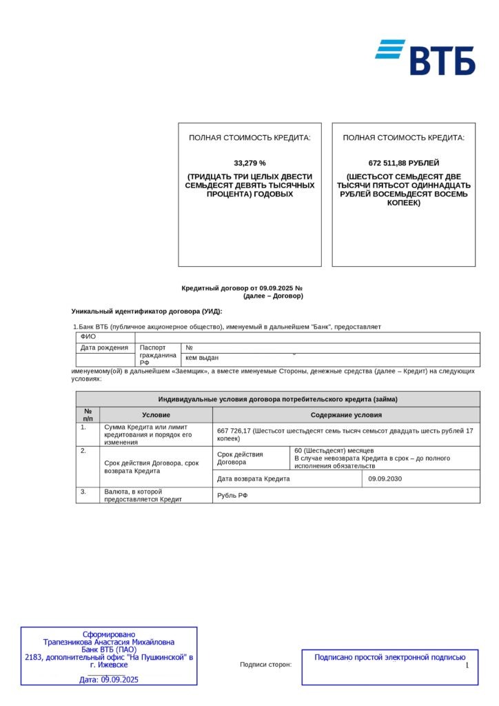 Кредитный договор в ПАО "Банк ВТБ"