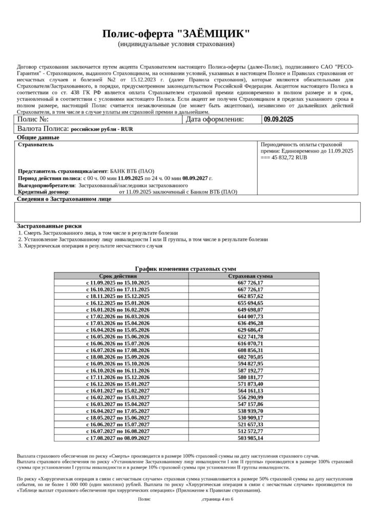 Полис-оферта Заёмщик от САО "Ресо-Гарантия"
