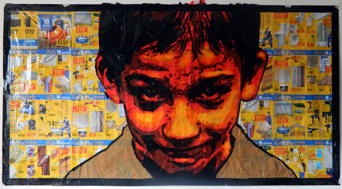 Николай Васильев. "Стройка" тейп-арт 80 х 150.