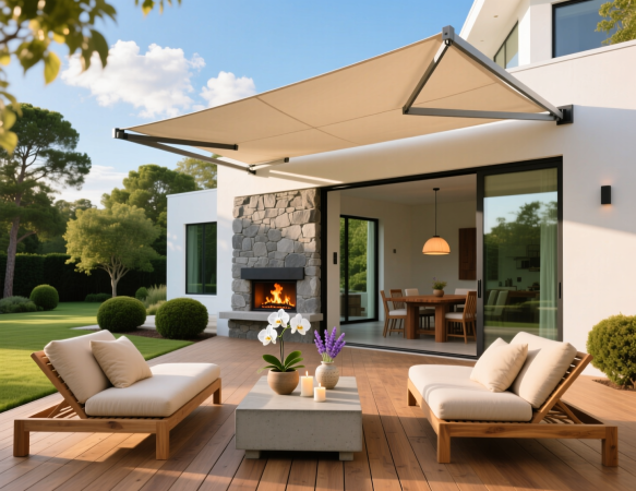 Современная открытая терраса с белой маркизой, защищей от солнца. На ней — мягкие диваны, кофейный столик и декоративный камин. Стеклянные двери, видна гостиная. Зелёный сад и деревья создают уютную атмосферу. Идеальное место для отдыха на свежем воздухе в любую погоду.