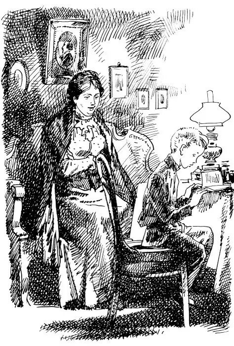 Иллюстрация к рассказу "Душечка", на которой художник допустил неточность - сам Чехов описывал Сашу как пухлого мальчика. 