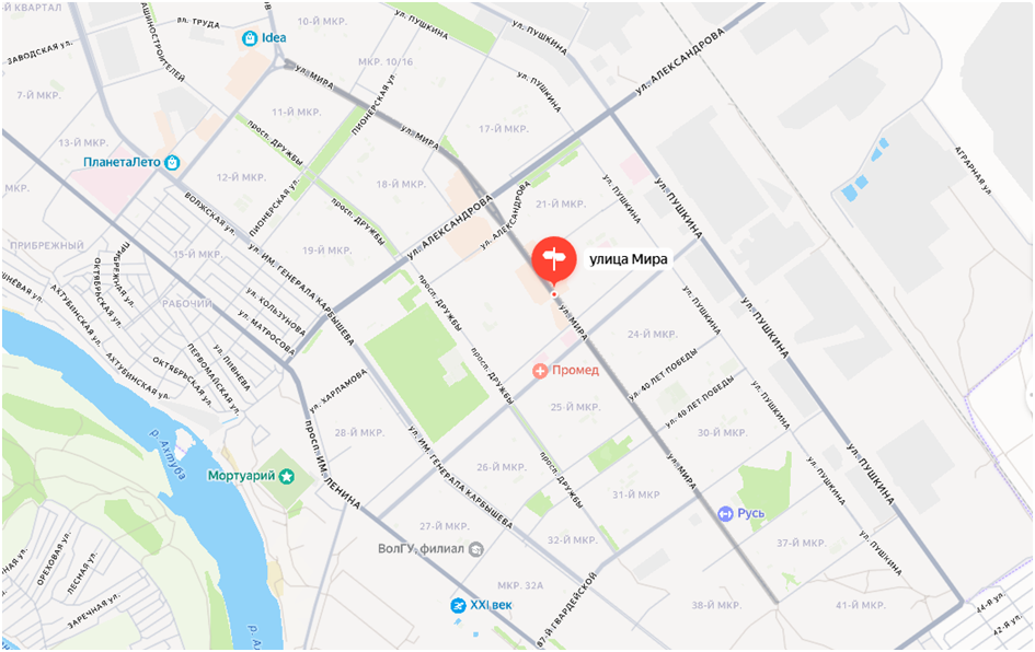 Улица Мира на карте города Волжского.