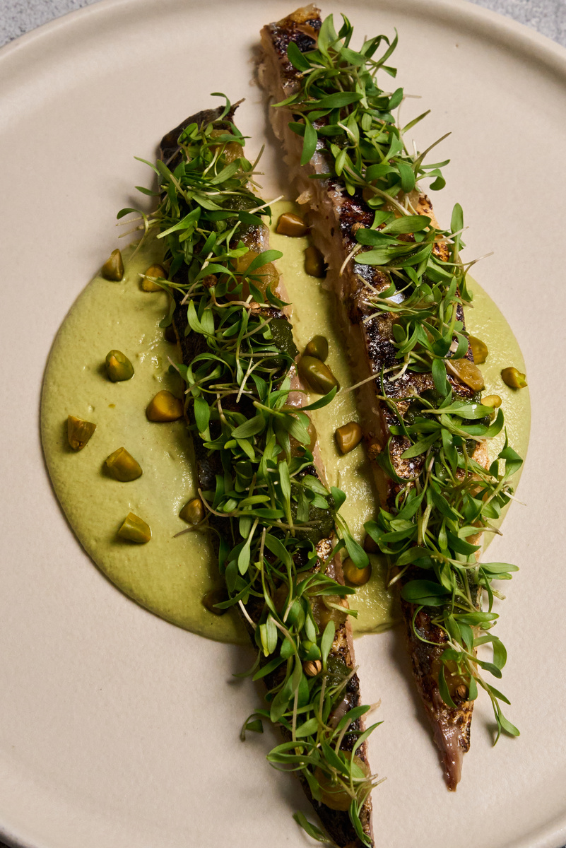 Скумбрия с фисташковым соусом и гелем из перца