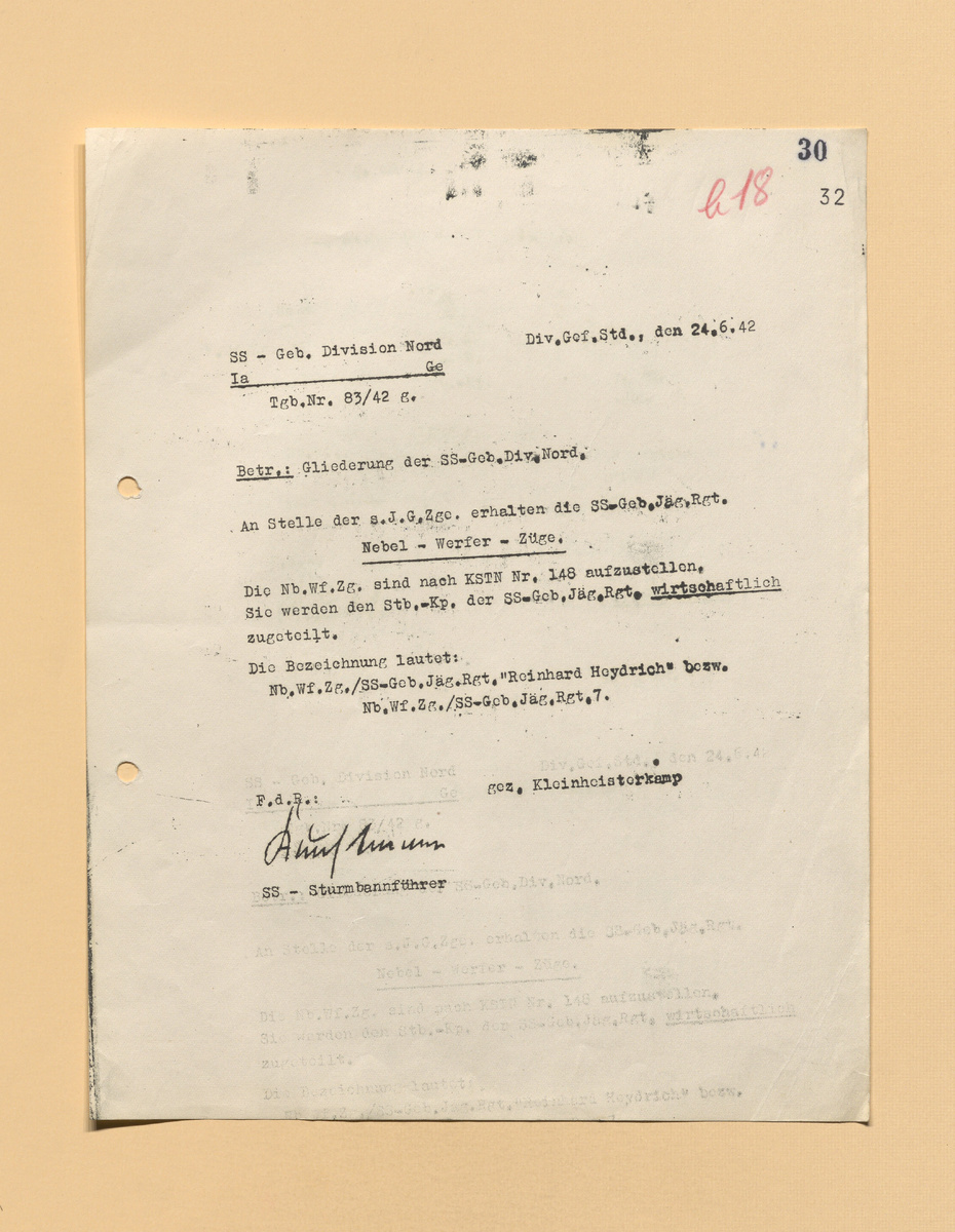 Основное: Вместо взводов тяжёлых пехотных орудий горно-егерские полки СС получают взводы реактивных миномётов залпового огня [небельверферы]. Их наименования: взвод реактивных миномётов горно-егерского полка СС "Рейнгард Гейдрих" и взвод реактивных миномётов 7-го горно-егерского полка СС.