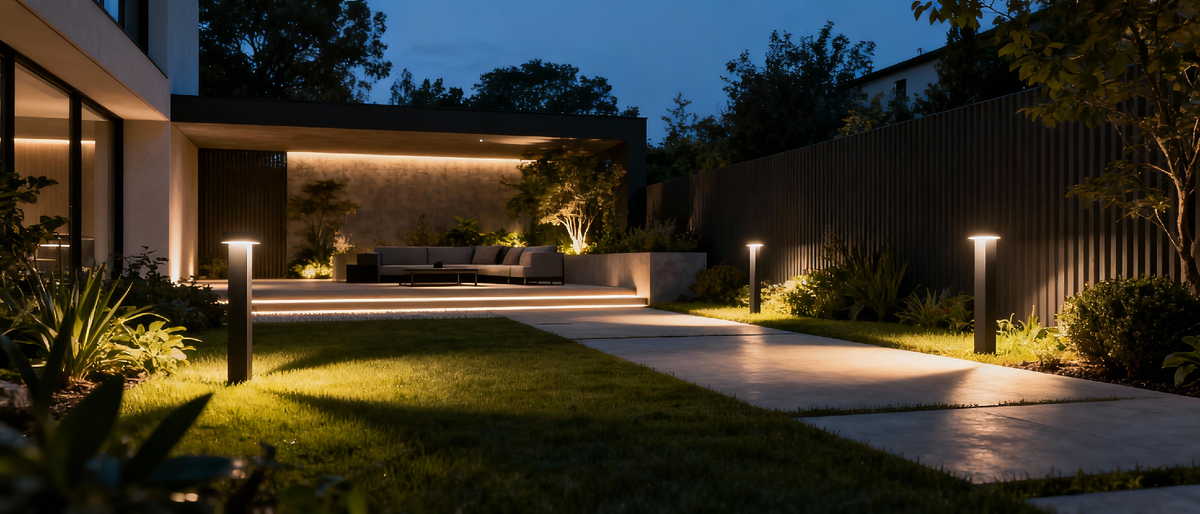 Глубину и объём пространства создаёт многоуровневое освещение, сочетающее разные типы опор и светильников для динамики и баланса.