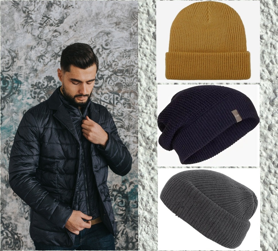 Пример цветовых сочетаний головных уборов с мужской курткой синего цвета