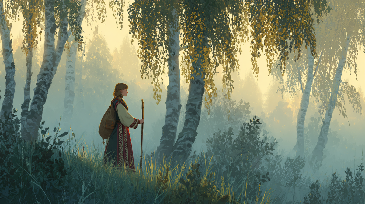 Туманное утро. Лес окутан легкой дымкой, мягкие натуральные цвета, золотисто-зеленый свет рассвета, на траве серебряная роса.