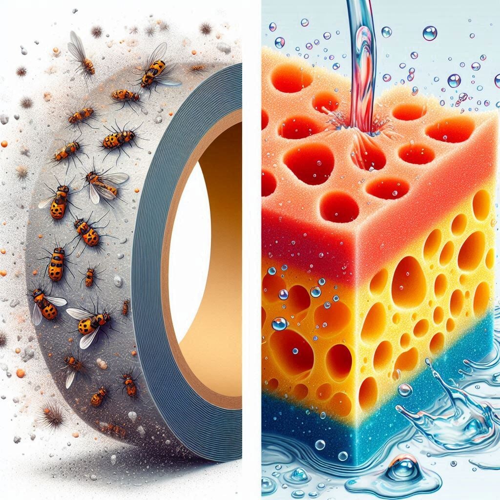 Адсорбция:                                                                                                                                             Пыль и муха прилипает к липкой ленте — остаётся на поверхности.                                  Абсорбция:                                                                                                                                           Губка впитывает воду внутрь, распределяя её по всему объёму.