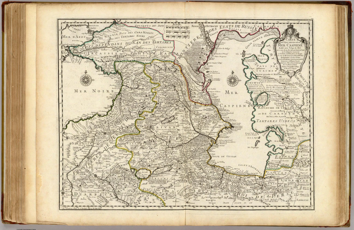 "Carte des Pays voisins de la Mer Caspiene," created by Guillaume Delisle, a prominent French cartographer, in 1723.
