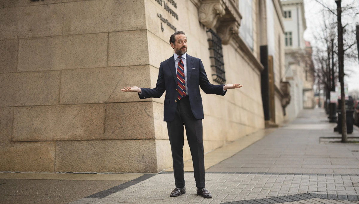 Брайан Сакава (Brian Sacawa) в простом классическом образе с темно-синим деловым костюмом