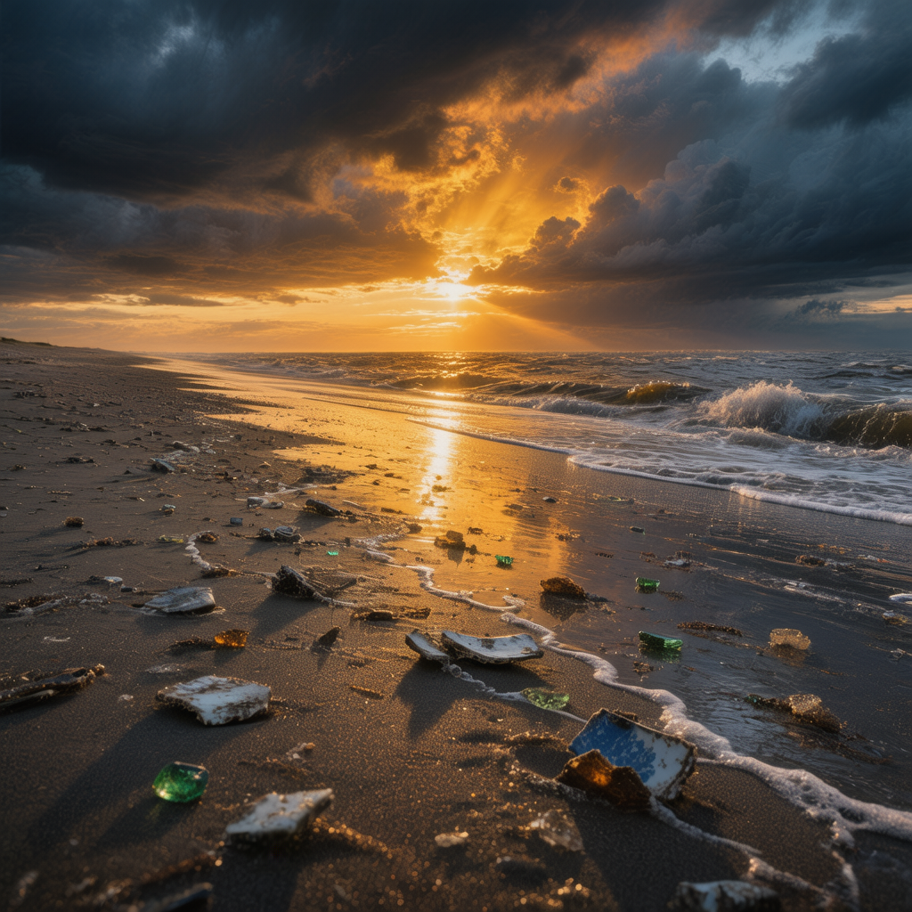 Восход надежды после шторма — свет, пробивающийся сквозь руины прошлого.