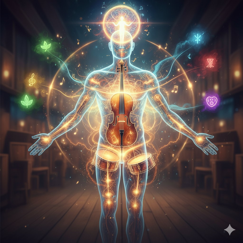 Представьте человека как оркестр, в котором тело — это ритм-секция, психика — струны и духовые, а ум — дирижёр. Если одна секция выбивается, страдает вся музыка. Холистический метод помогает настроить каждый инструмент и восстановить гармонию. Источник изображения: нейросеть Gemini. 