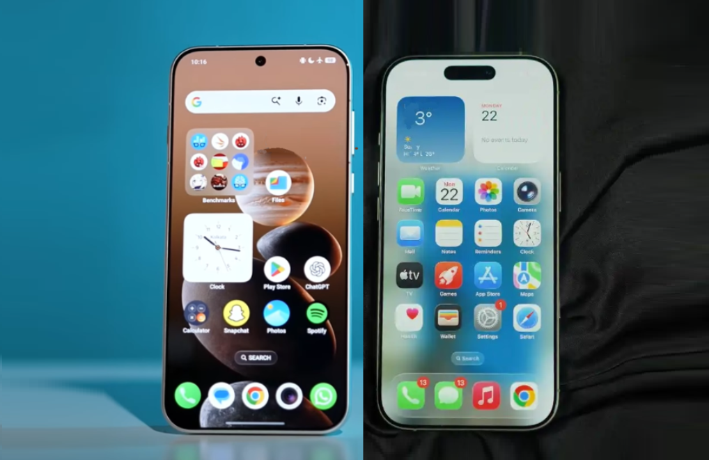 OnePlus 15 слева и iPhone 17 справа