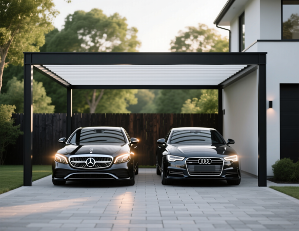 Современный чёрный навес, защищающий два автомобиля — Mercedes-Benz и Audi. Навес установлен на мощёной площадке перед забором с деревянной обшивкой. Вокруг — зелёный газон, кустарники и деревья. Идеальное решение для защиты авто от солнца и дождя в загородном доме.