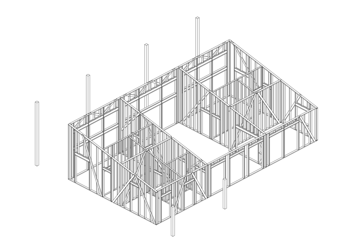 Иллюстрация из проекта дома. На переднем и заднем плане изображены опорные столбы для крыши над крыльцом и террасой